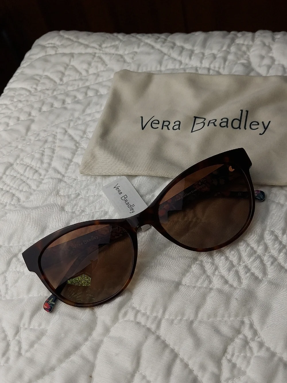 🆕 Vera Bradley Brown Tortoiseshell Polarized Sunglasses with Floral Arms NEW
